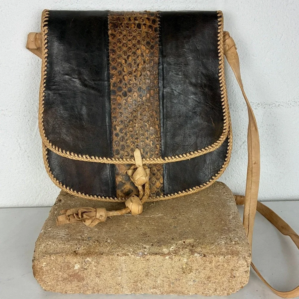 Unbranded Brown Snakeskin Leather Crossbody - Small - Boho Western Handmade